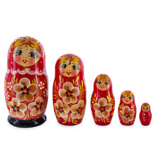 Load image into Gallery viewer, Red Hood with Gold Color Flowers Wooden  Nesting Dolls