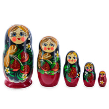 Load image into Gallery viewer, Black Hood with Strawberries Wooden  Nesting Dolls