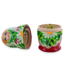 Load image into Gallery viewer, Green Hood with Gold Flowers and Berries Wooden  Nesting Dolls