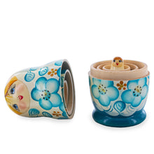 Load image into Gallery viewer, White Hood with Blue Flowers Wooden  Nesting Dolls