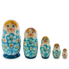 Load image into Gallery viewer, White Hood with Blue Flowers Wooden  Nesting Dolls
