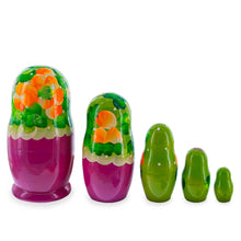 Load image into Gallery viewer, Green Hood with Purple and White Flowers Wooden  Nesting Dolls