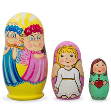 Load image into Gallery viewer, Set of 3 Guardian Angels with Flute, Heart Wooden Nesting Dolls 4.25 Inches