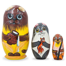 Load image into Gallery viewer, Set of 3 Cats with Milk and Fish Wooden Nesting Dolls 4.25 Inches