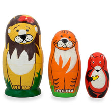 Load image into Gallery viewer, Set of 3 Lion, Tiger, and Fox Wooden Nesting Dolls 4.25 Inches