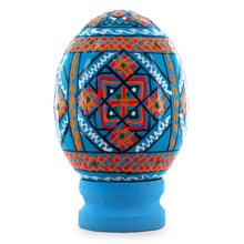 Load image into Gallery viewer, Geometrical Blue Ukrainian Wooden Easter Egg Pysanka on a Stand 3 Inches