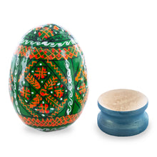 Load image into Gallery viewer, Geometrical Green Ukrainian Wooden Easter Egg Pysanka on a Stand 3 Inches