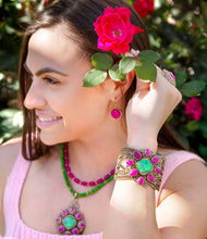 Load image into Gallery viewer, Madeira Lime and Pink Agate Statement Golden Cuff Bracelet
