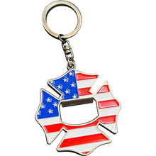 Load image into Gallery viewer, BL3-017 Maltese Cross Bottle Opener keychain Fire Department Challenge  Coin Fire Fighter keyring