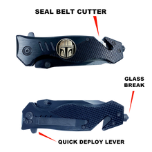 Load image into Gallery viewer, GL3-017 Mandalorian Inspired 3-in-1 Police Tactical Rescue knife tool knife Star Wars parody with Seatbelt Cutter, Steel Serrated Blade, Glass Breaker