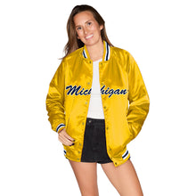 Load image into Gallery viewer, University of Michigan Maize Satin Letterman Bomber Jacket
