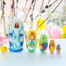 Load image into Gallery viewer, Set of 5 Jesus Christ Rising, Angel and Easter Eggs Wooden Nesting Dolls 6 Inches