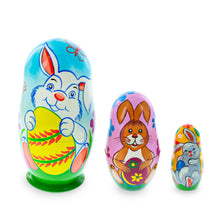 Load image into Gallery viewer, Set of 3 Bunnies and Easter Eggs Wooden Nesting Dolls 4.25 Inches