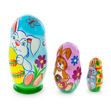 Load image into Gallery viewer, Set of 3 Bunnies and Easter Eggs Wooden Nesting Dolls 4.25 Inches
