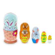 Load image into Gallery viewer, 5 Bunnies, Chick with Easter Eggs Wicker Basket Wooden Nesting Dolls 6 Inches