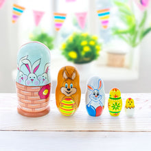 Load image into Gallery viewer, 5 Bunnies, Chick with Easter Eggs Wicker Basket Wooden Nesting Dolls 6 Inches