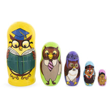 Load image into Gallery viewer, Set of 5 Owls Professors Wooden Nesting Dolls 6 Inches
