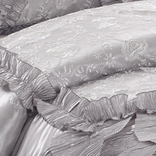 Load image into Gallery viewer, Tache Satin Ruffle Floral Lace Silver Rose Petals Comforter Set (HYZ102)