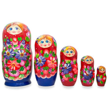 Load image into Gallery viewer, Set of 5 Flowers on Red Scarf Wooden Nesting Dolls 7.25 Inches
