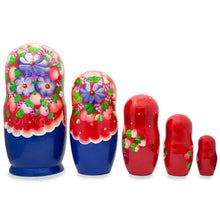 Load image into Gallery viewer, Set of 5 Flowers on Red Scarf Wooden Nesting Dolls 7.25 Inches