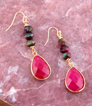Load image into Gallery viewer, Jeweled Multicolor Tiger's Eye and Pink Agate Golden Drop Earrings