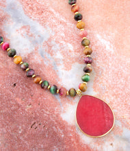 Load image into Gallery viewer, Jeweled Multicolor Tiger's Eye and Pink Jade Pendant Golden Necklace