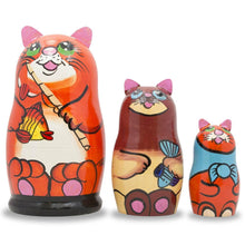Load image into Gallery viewer, Set of 3 Cats With Fish and Rod Wooden Nesting Dolls 5.5 Inches