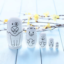 Load image into Gallery viewer, 5 Unpainted Animals Wooden Nesting Dolls Matryoshka 4.75 Inches