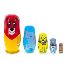 Load image into Gallery viewer, 5 Animals Lion, Elephant, Dog &amp; Cat Wooden Nesting Dolls 5.75 Inches
