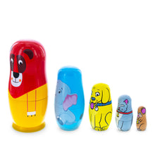 Load image into Gallery viewer, 5 Animals Lion, Elephant, Dog &amp; Cat Wooden Nesting Dolls 5.75 Inches