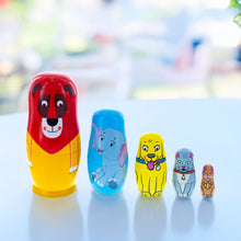 Load image into Gallery viewer, 5 Animals Lion, Elephant, Dog &amp; Cat Wooden Nesting Dolls 5.75 Inches