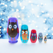 Load image into Gallery viewer, Set of 5 Wise Owls Family Wooden Nesting Dolls 5.75 Inches
