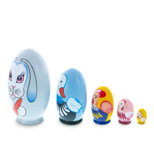 Load image into Gallery viewer, 5 Bunny, Duck, Rooster, Hen &amp; Chick Egg Shape Wooden Nesting Dolls 5 Inches