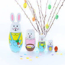 Load image into Gallery viewer, Set of 5 Bunnies Wooden Nesting Dolls 7 Inches Tall