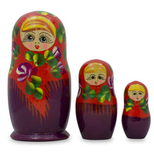 Load image into Gallery viewer, Set of 3 Deep Red Dress Wooden  Nesting Dolls 3.5 Inches