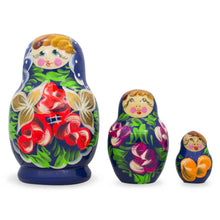 Load image into Gallery viewer, Set of Flowers on Blue Dress Nesting Dolls 3.5 Inches