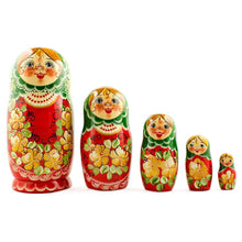 Load image into Gallery viewer, 5 Girl with Green Scarf and Red Dress Wooden Nesting Dolls 7 Inches