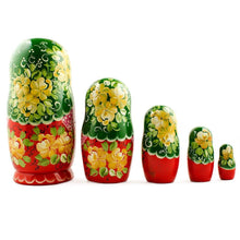 Load image into Gallery viewer, 5 Girl with Green Scarf and Red Dress Wooden Nesting Dolls 7 Inches