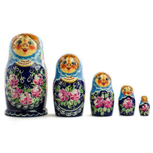 Load image into Gallery viewer, Set of 5 Blue Floral Dress Girls Wooden Nesting Dolls 7 Inches