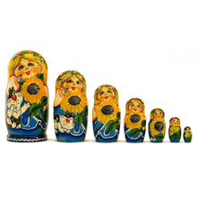 Load image into Gallery viewer, Set of 7 Girls with Cat in Blue Dress Nesting Dolls 8.5 Inches