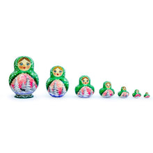 Load image into Gallery viewer, Set of 6 Horse in Winter Forest Green Dress Nesting Dolls 6 Inches