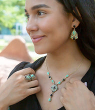 Load image into Gallery viewer, Barcelona Black Onyx and Blue Turquoise Golden Y-Necklace