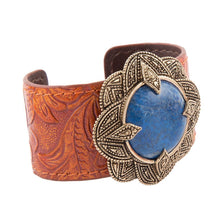 Load image into Gallery viewer, Ornate Blue Lapis Golden Leather Cuff Bracelet