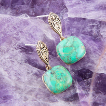 Load image into Gallery viewer, Ornate Lime Green Turquoise Golden Post Top Earrings