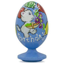 Load image into Gallery viewer, White Cat with Happy Birthday Balloons Wooden Figurine