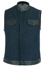 Load image into Gallery viewer, Women's Broken Blue Rough Rub-Off Raw Finish Denim Vest W/Leath