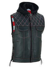 Load image into Gallery viewer, Men's Road Edge Leather Black Vest – Removable Hood