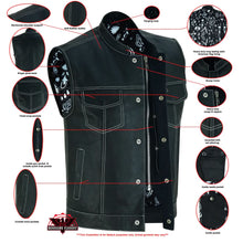 Load image into Gallery viewer, Men's Paisley Black Leather Motorcycle Vest with White Stitching