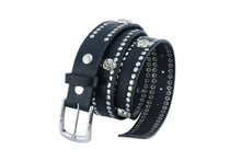 Load image into Gallery viewer, BLT Black Leather Belt with Silver Studs and Skulls