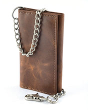 Load image into Gallery viewer, BWC234 BROWN LONG TRI-FOLD BIKER LEATHER CHAIN WALLET